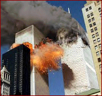 Hijacked airliner crashing through  WTC Tower.