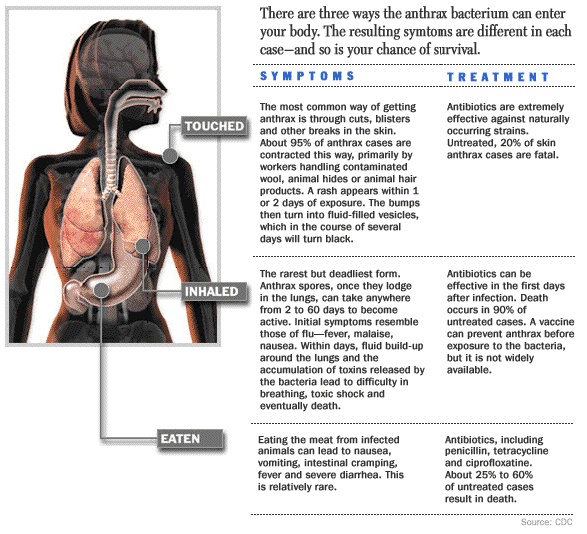 CDC Source explains the three ways anthrax can enter your body.
