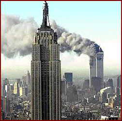 Both World Trade Center Towers burning after terrorists strike America. 