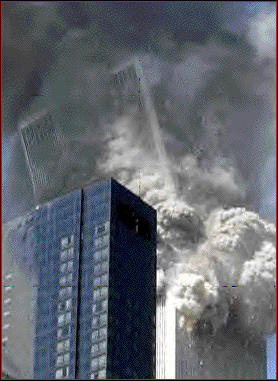 World Trade Center Tower starts to collapse after being struck by hijacked airliner.